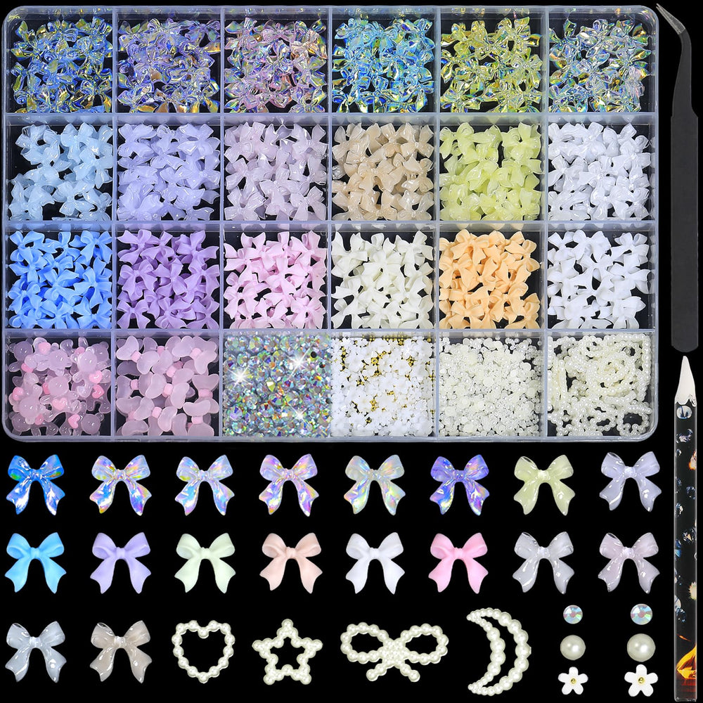 HNUIX front packaging showing full bow nail charms kit and organization benefit