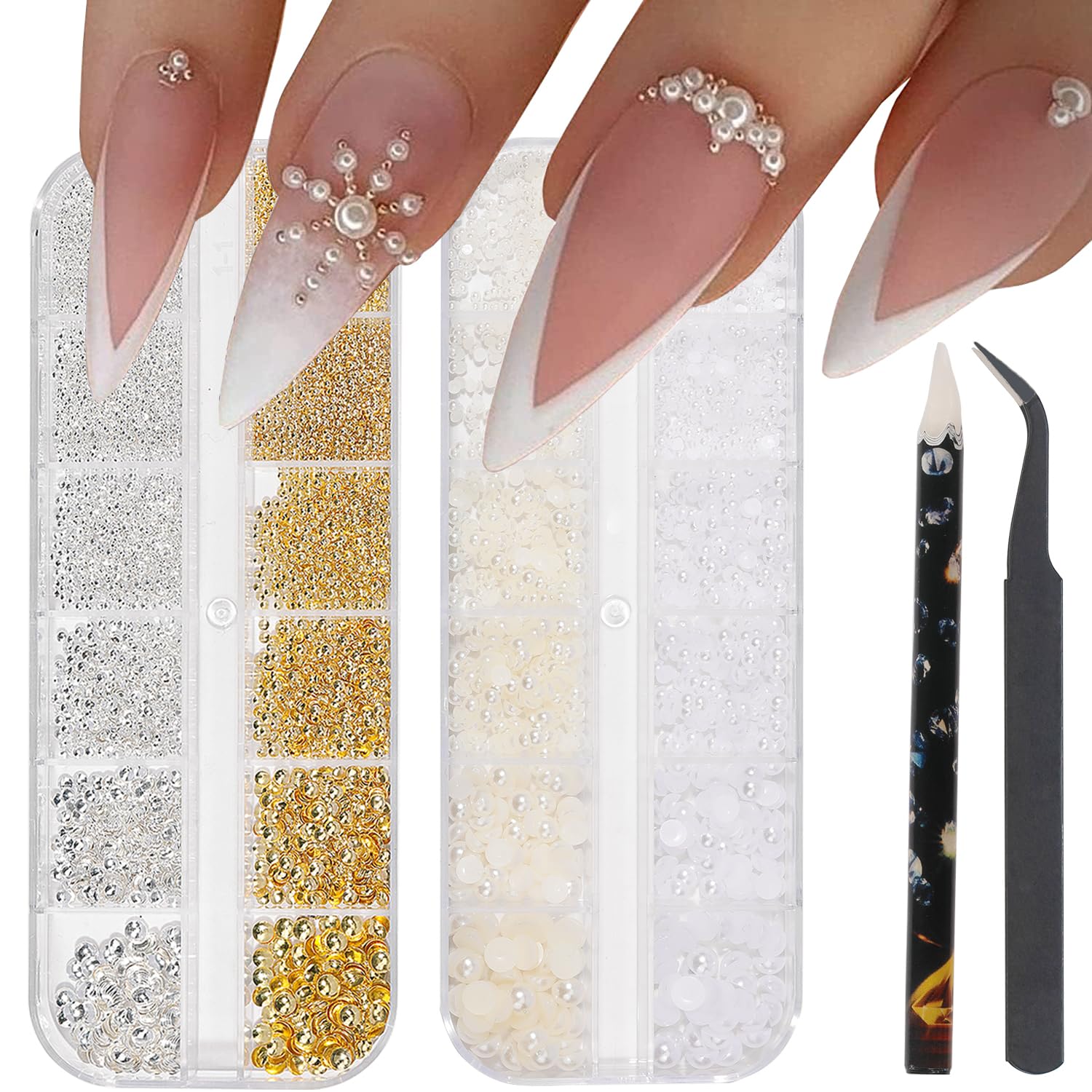 HNUIX front packaging showing assorted gold and silver nail charms and included tools
