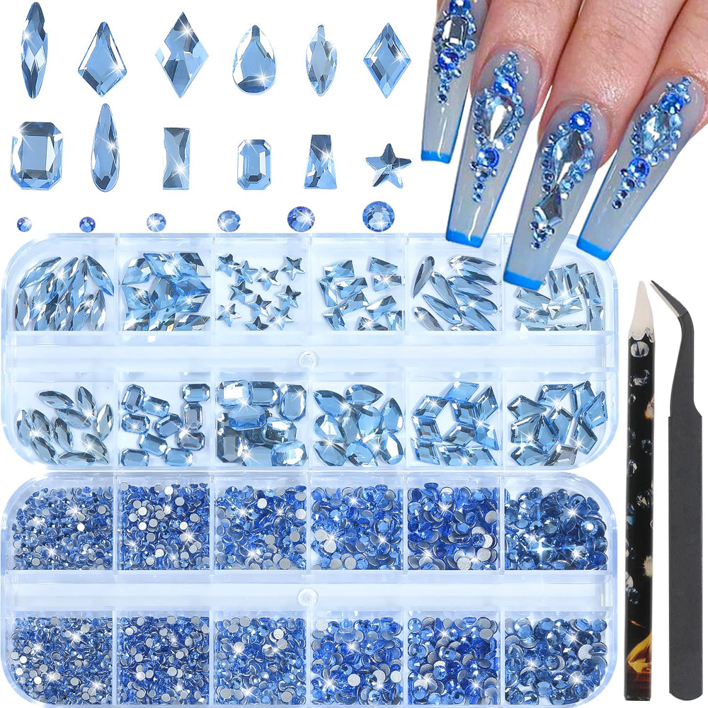 HNUIX front packaging showing mixed light blue rhinestone kit and tools for easy selection
