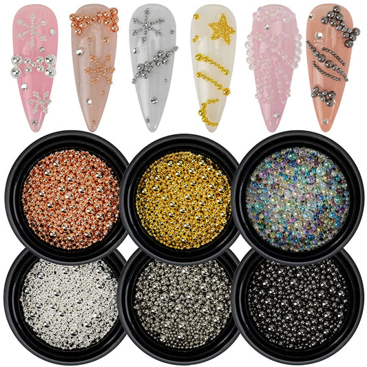 HNUIX close-up of mixed-size metal beads highlighting texture and reflective finish for detailed nails