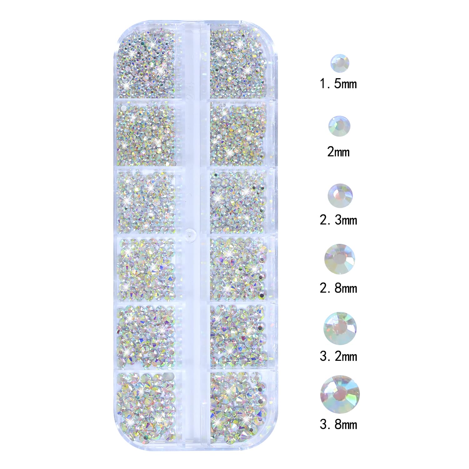 HNUIX array of rhinestone sizes arranged to show 1.8mm–4mm variety for precision