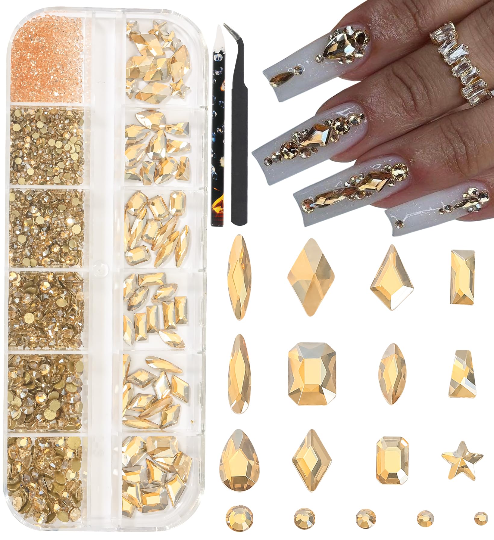HNUIX front box of champagne gold rhinestones showing kit contents and storage benefit