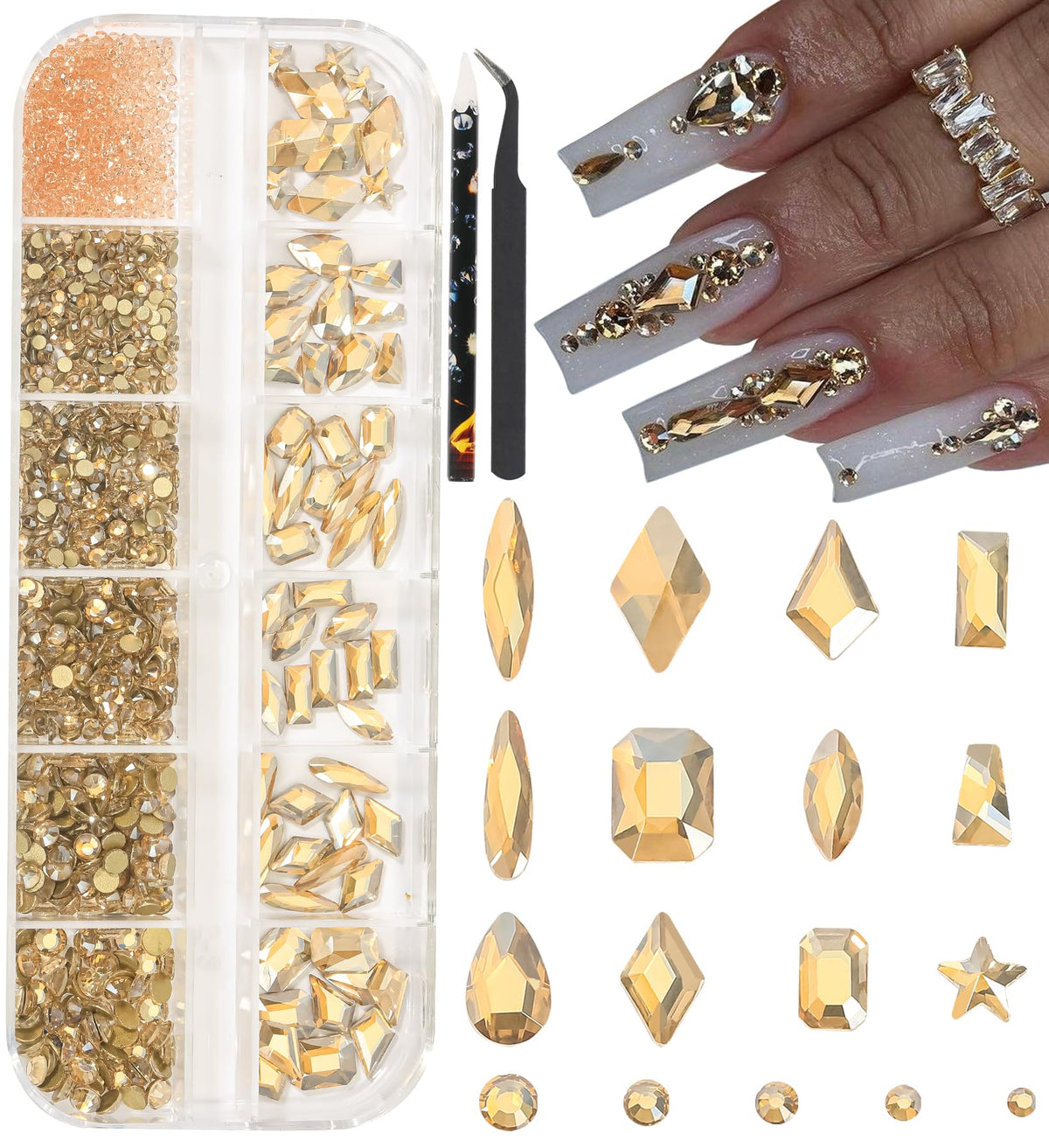HNUIX front box of champagne gold rhinestones showing kit contents and storage benefit