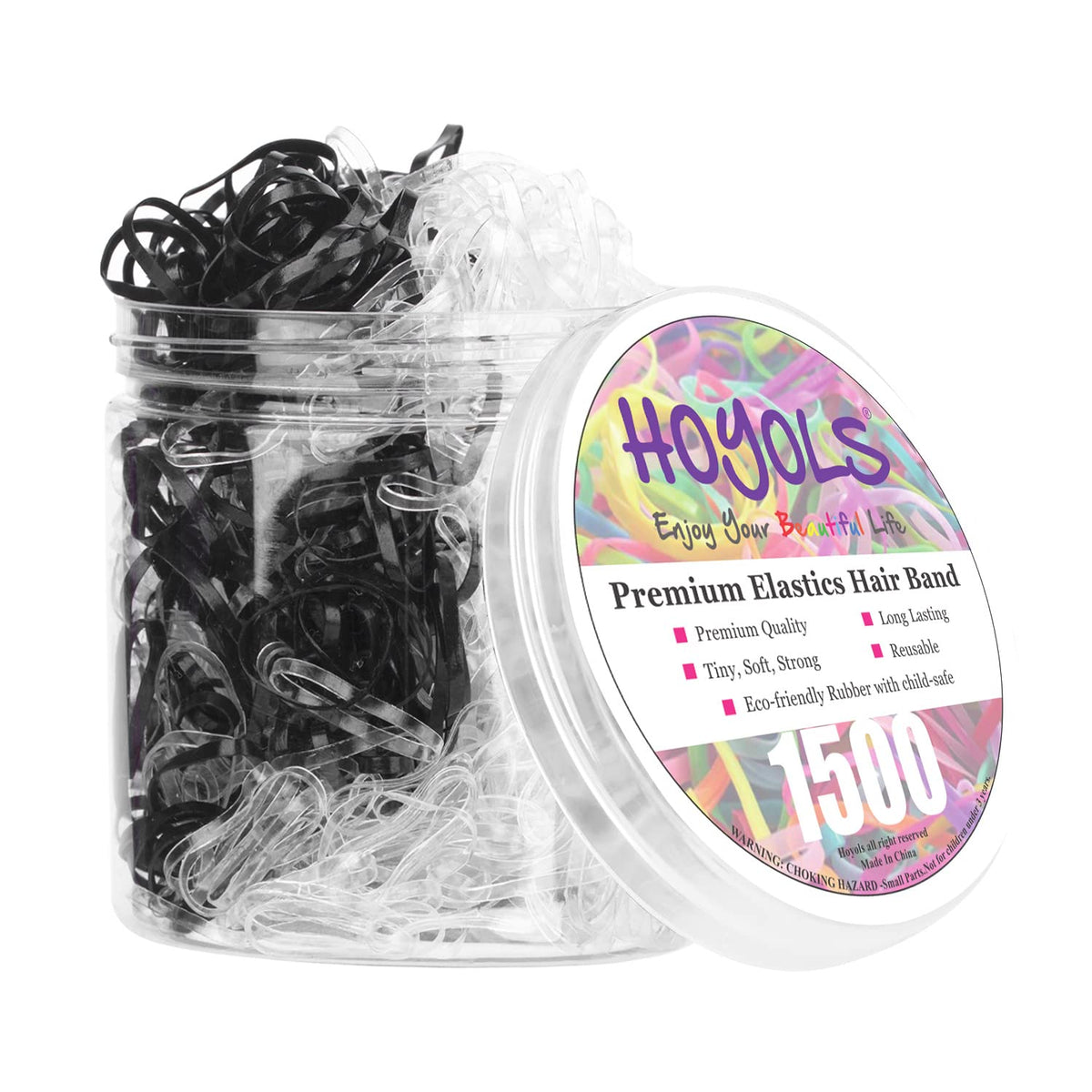 HOYOLS front packaging showing 1500-piece band set and container benefits