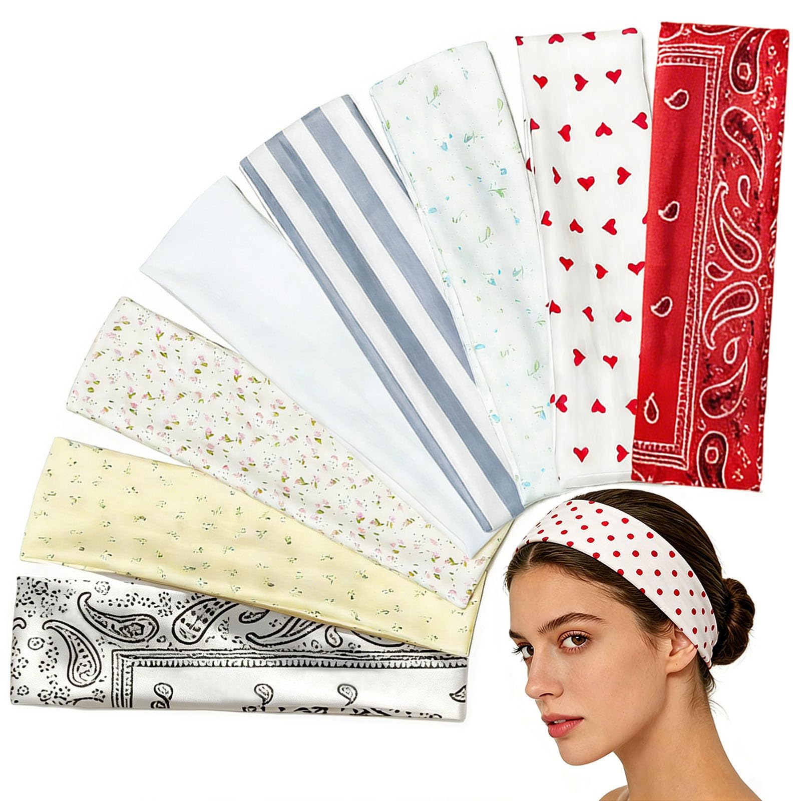 HOLAILS front view of eight headbands showing mixed prints and variety benefit