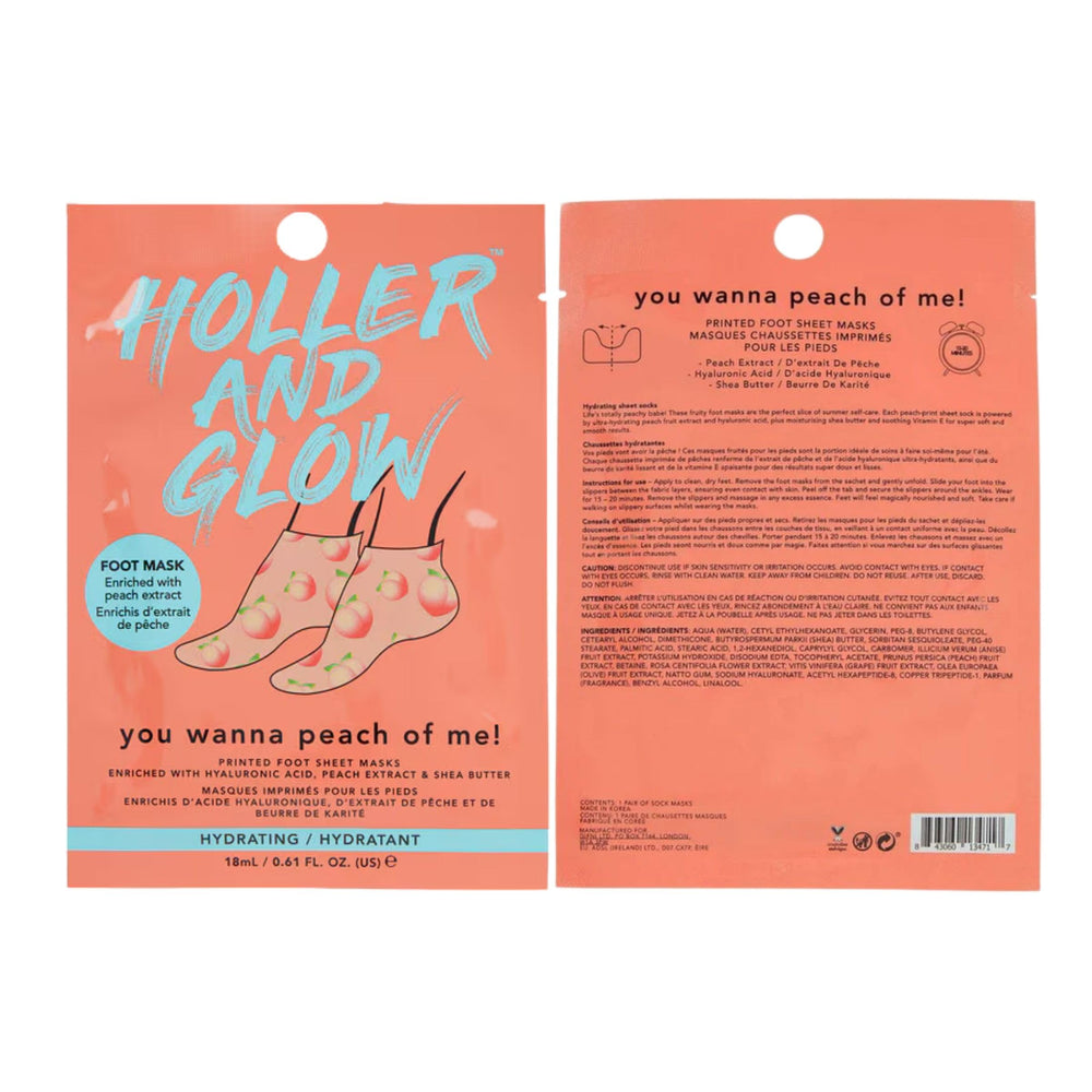Holler & Glow model wearing printed foot masks, comfortable spa-like benefit