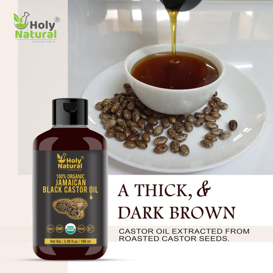 Holy Natural pouring rich black castor oil to show viscous texture and absorbent quality