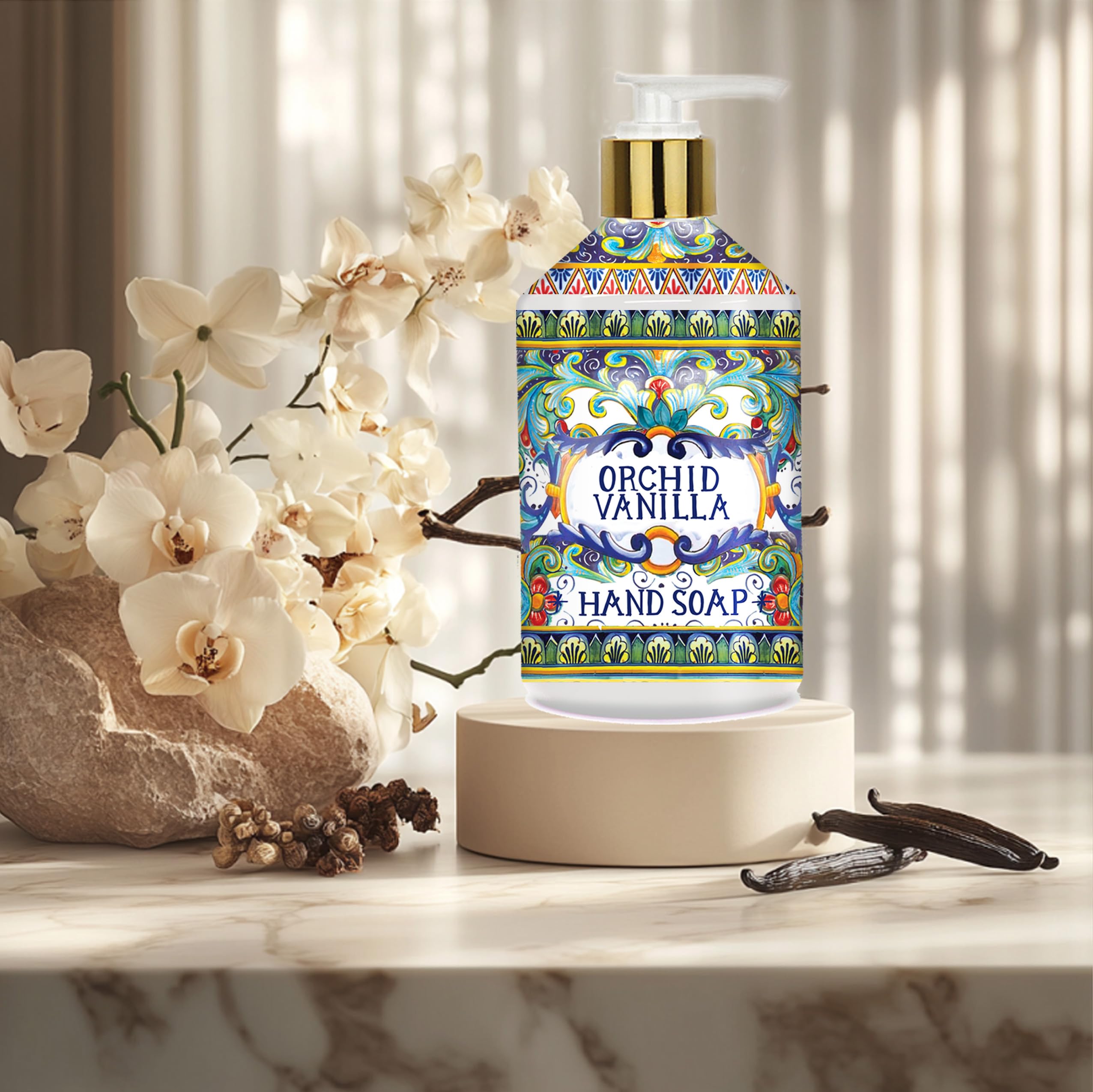 Home & Body Company Orchid Vanilla bottle next to sink, indicates generous size