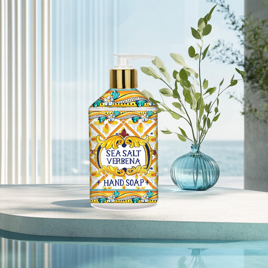 Home & Body Company Sea Salt Verbena label close-up, shows decorative pattern