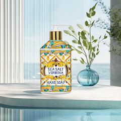 Home & Body Company Sea Salt Verbena label close-up, shows decorative pattern