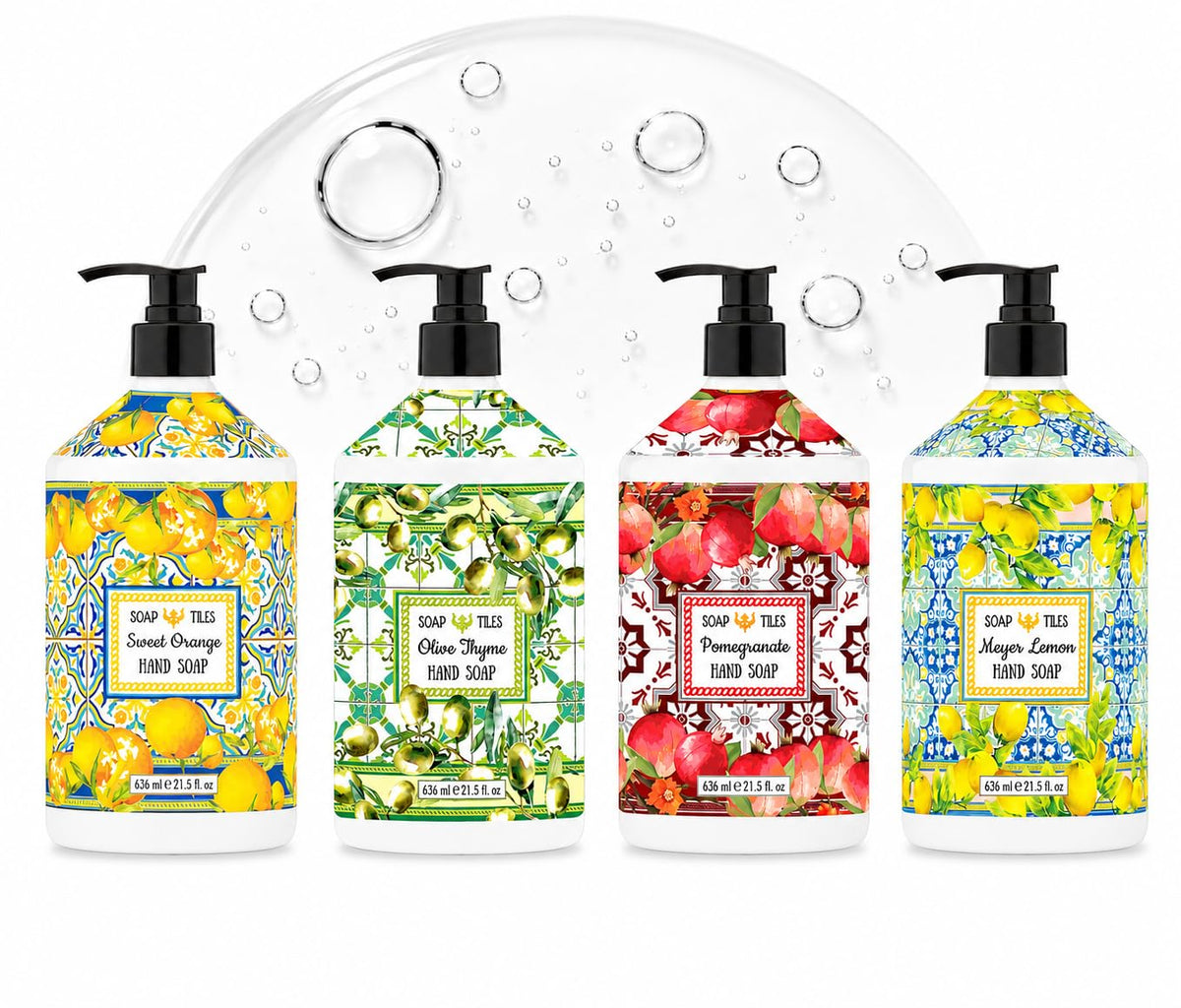 Home & Body Company front view of four scented soap bottles, stylish display benefit