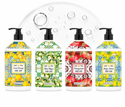 Home & Body Company front view of four scented soap bottles, stylish display benefit