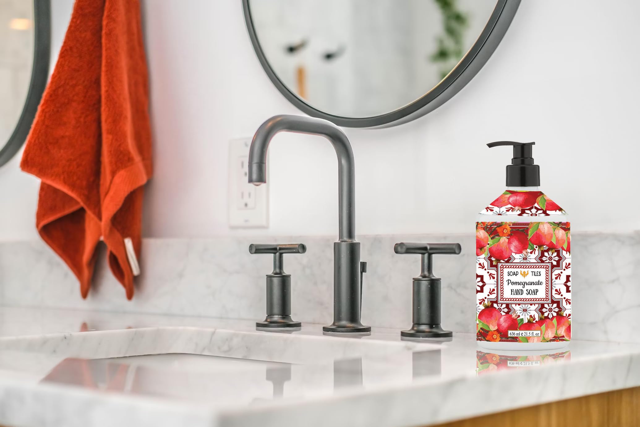 Home & Body Company soap bottles staged in kitchen highlighting decorative and practical use