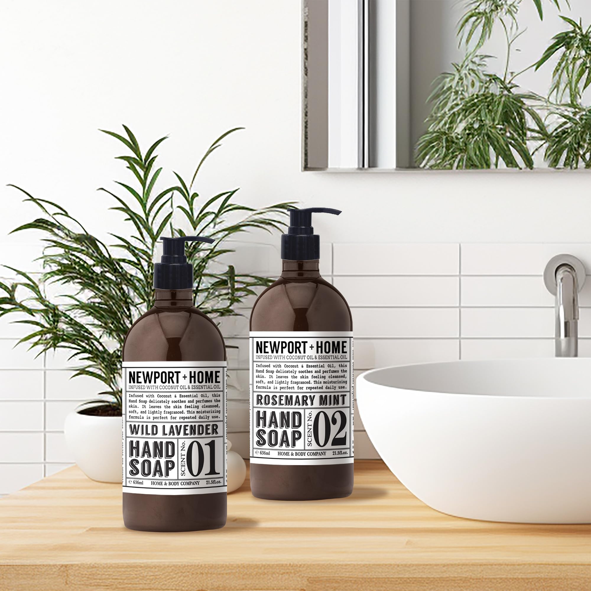 Home & Body Company Newport bottles staged in bathroom showing decorative practical benefit