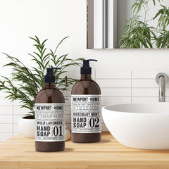 Home & Body Company Newport bottles staged in bathroom showing decorative practical benefit