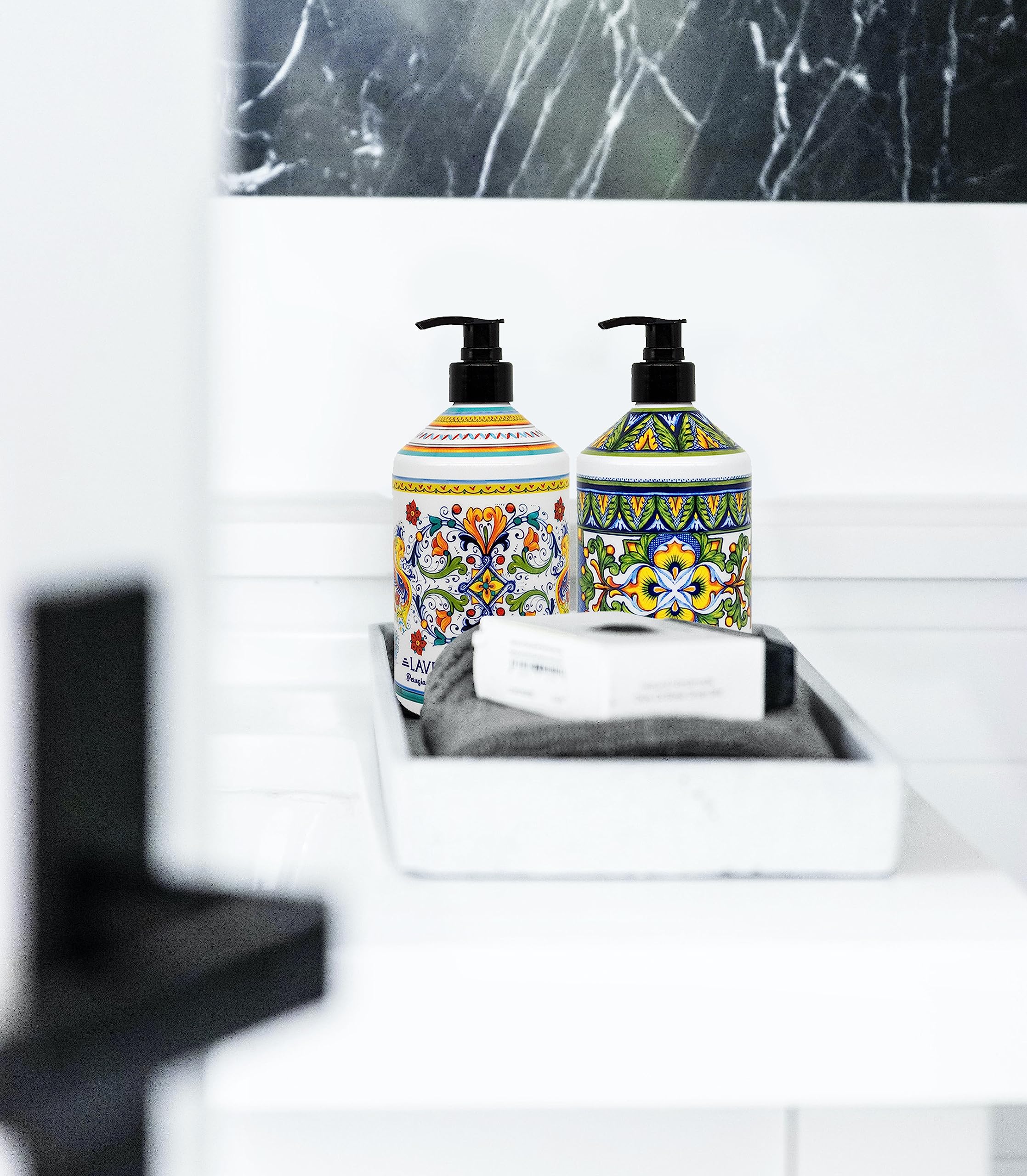 Home & Body Company Perugia Deruta olive thyme bottle close-up showing herbaceous label for subtle, warm fragrance