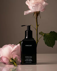 Homecourt bottle front label showing Steeped Rose and benefits