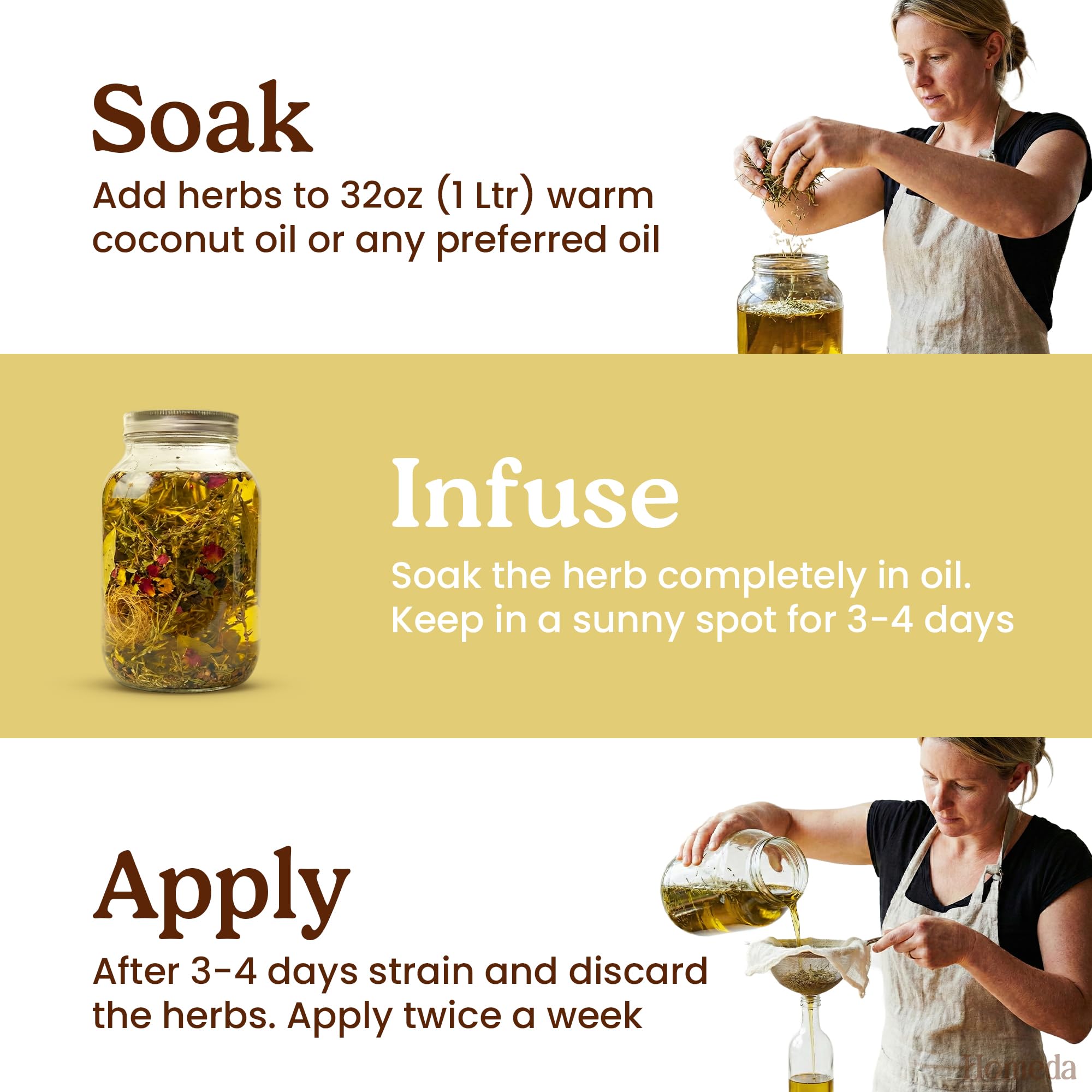 Hands pouring Homeda herbs into jar to prepare a personalized infusion