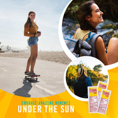 HOMESPHERE sunscreen packet in hand at beach for convenient use