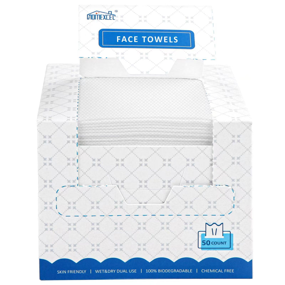 HOMEXCEL front box view showing 50-count biodegradable wipes and travel convenience