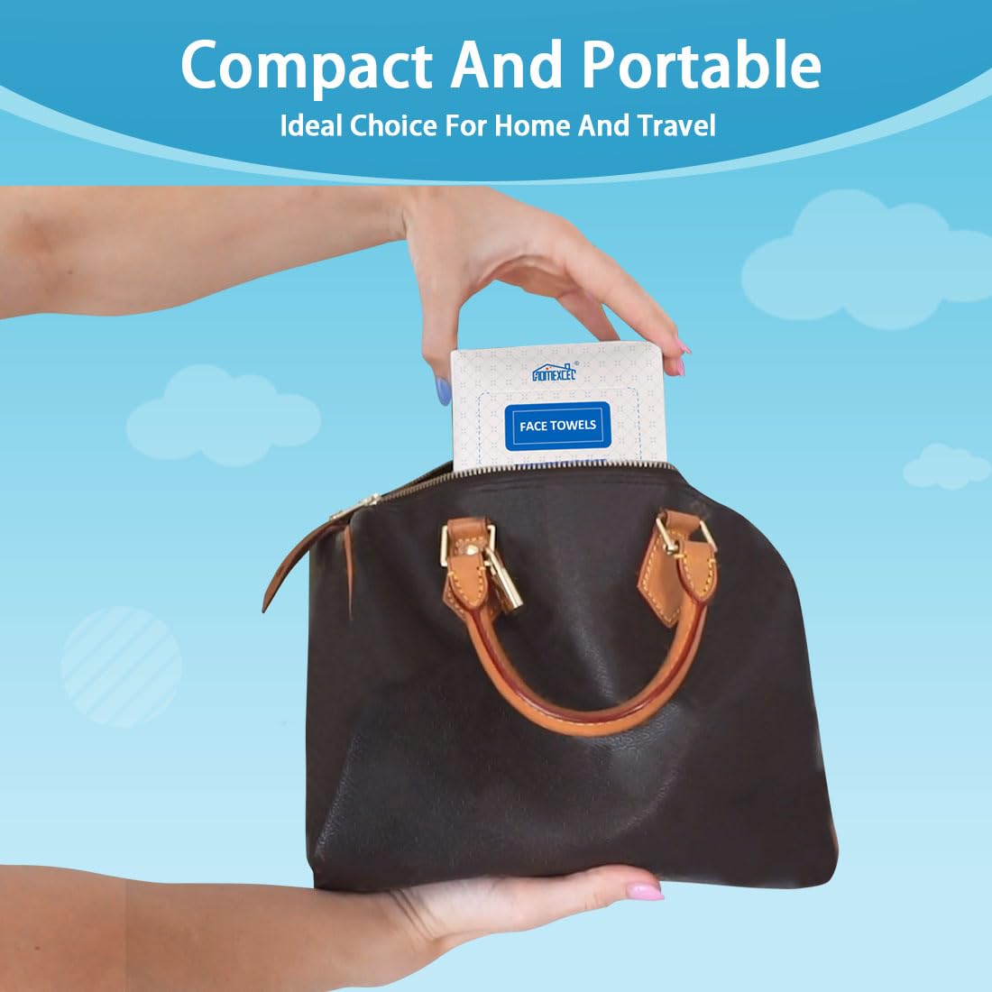 HOMEXCEL towels in travel bag illustrating portability and on-the-go hygiene