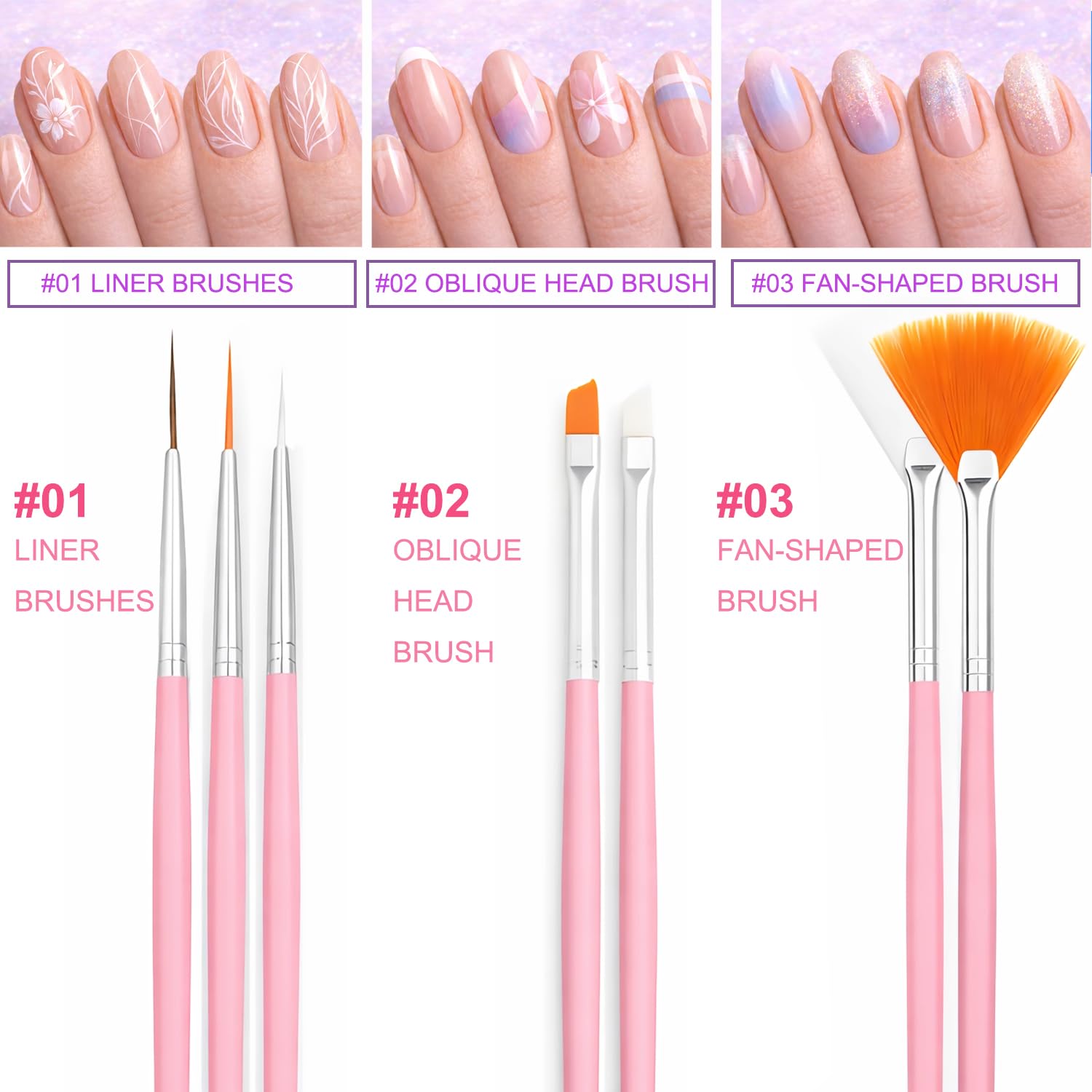 HomTop close-up of varied pink brush shapes for precise detailing and lines