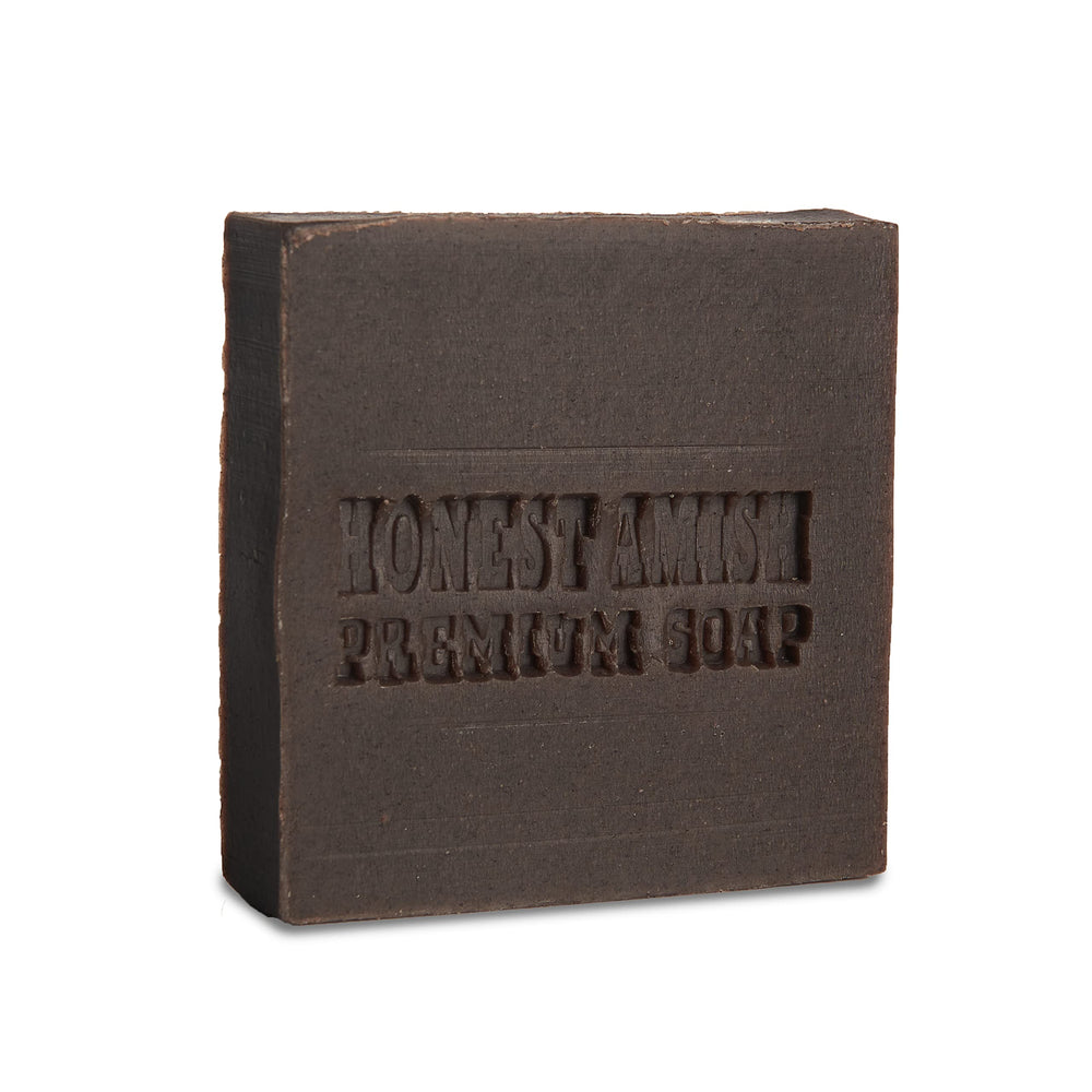 Honest Amish front view of patchouli and bark soap bar showing label and shape benefit natural ingredients