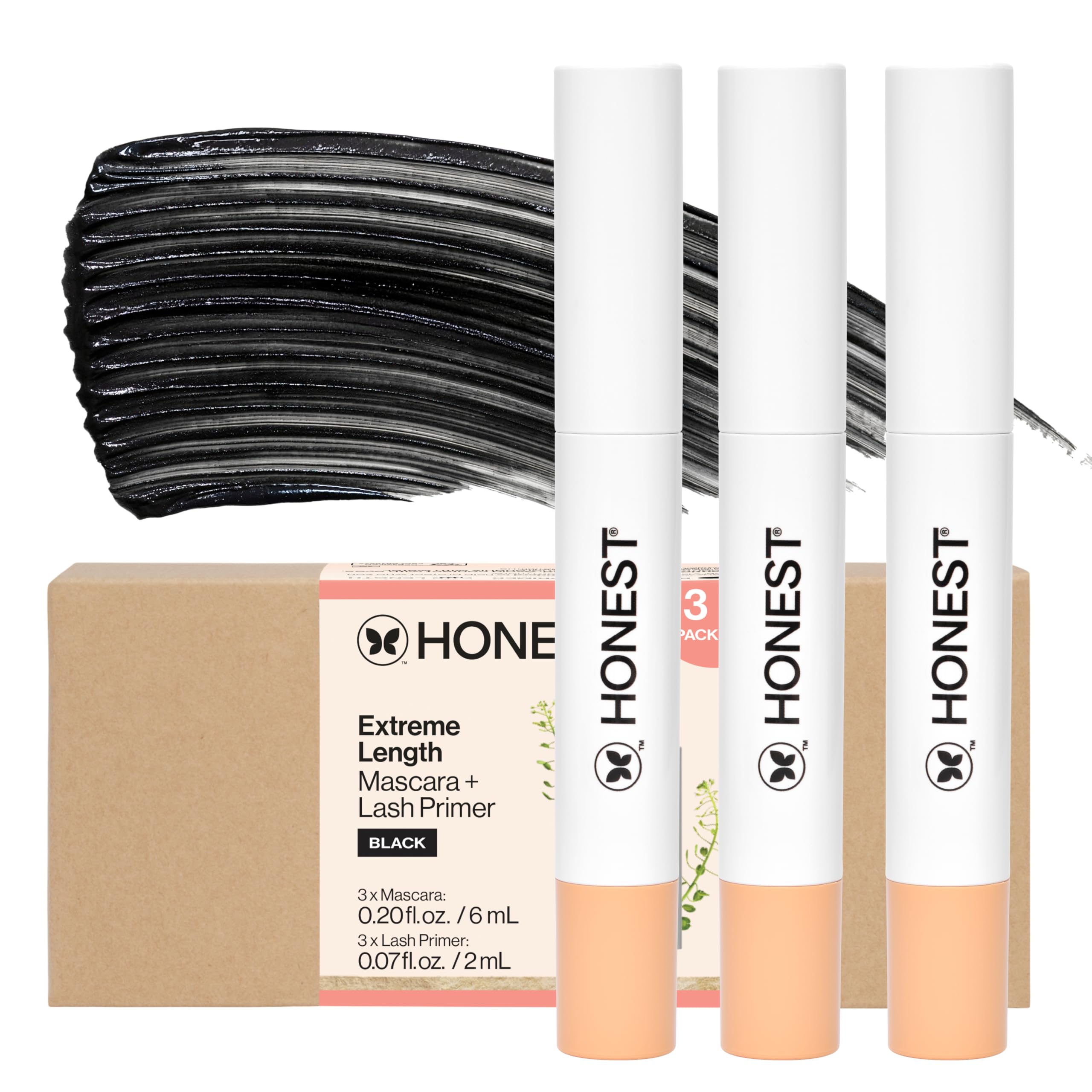 Honest Beauty front packaging showing three 2-in-1 mascara tubes for convenience