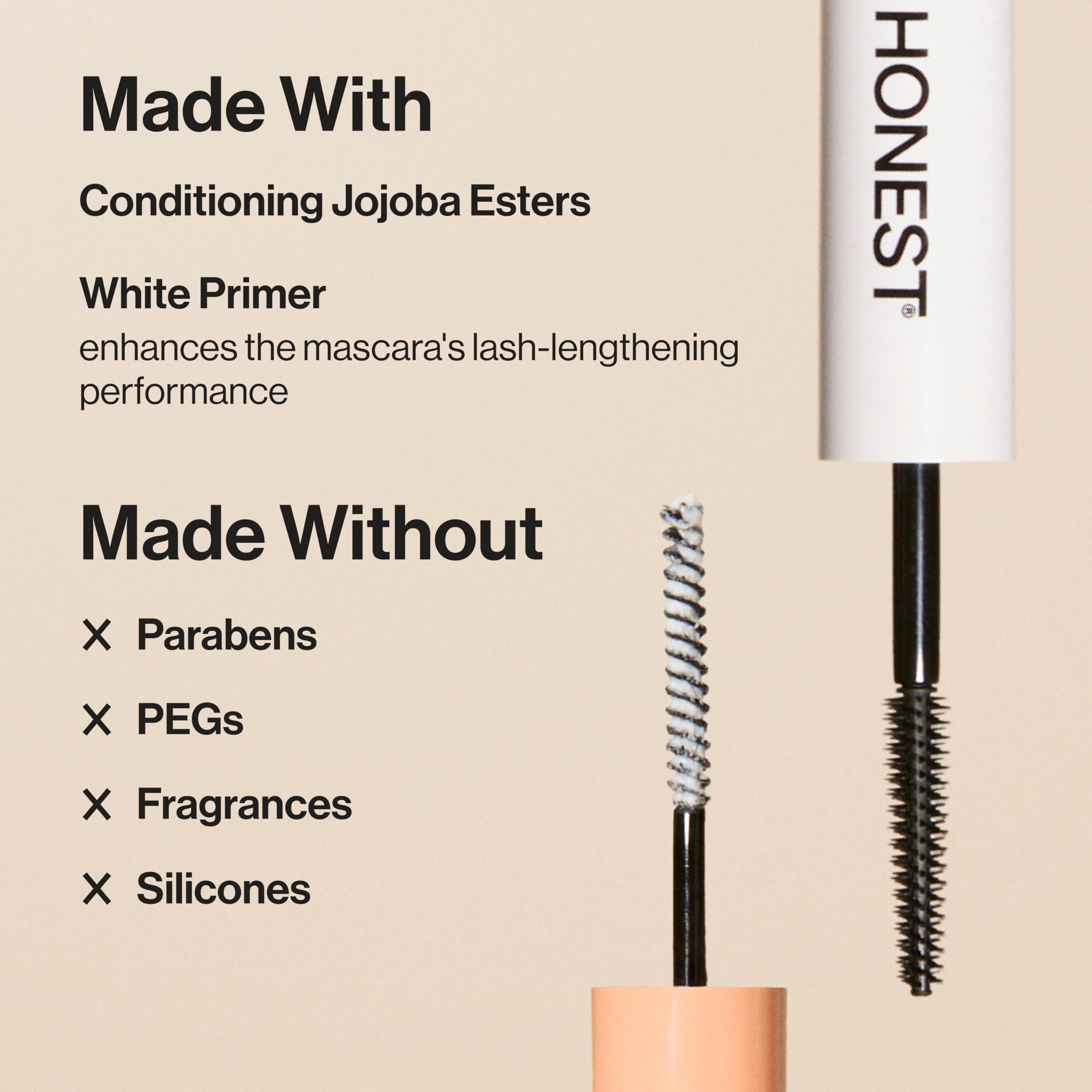 Honest Beauty mascara wand detail separating lashes and delivering length