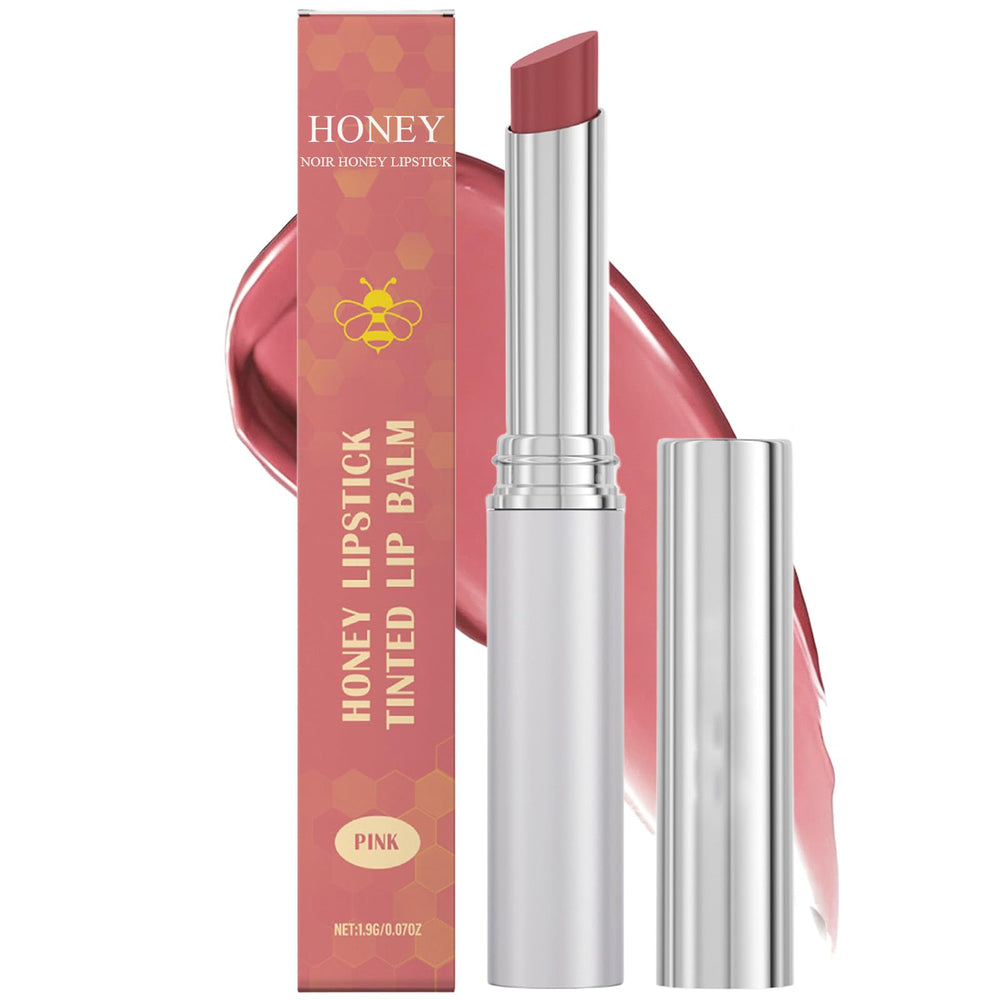 honey noir honey lipstick front packaging showing tube and shade benefits