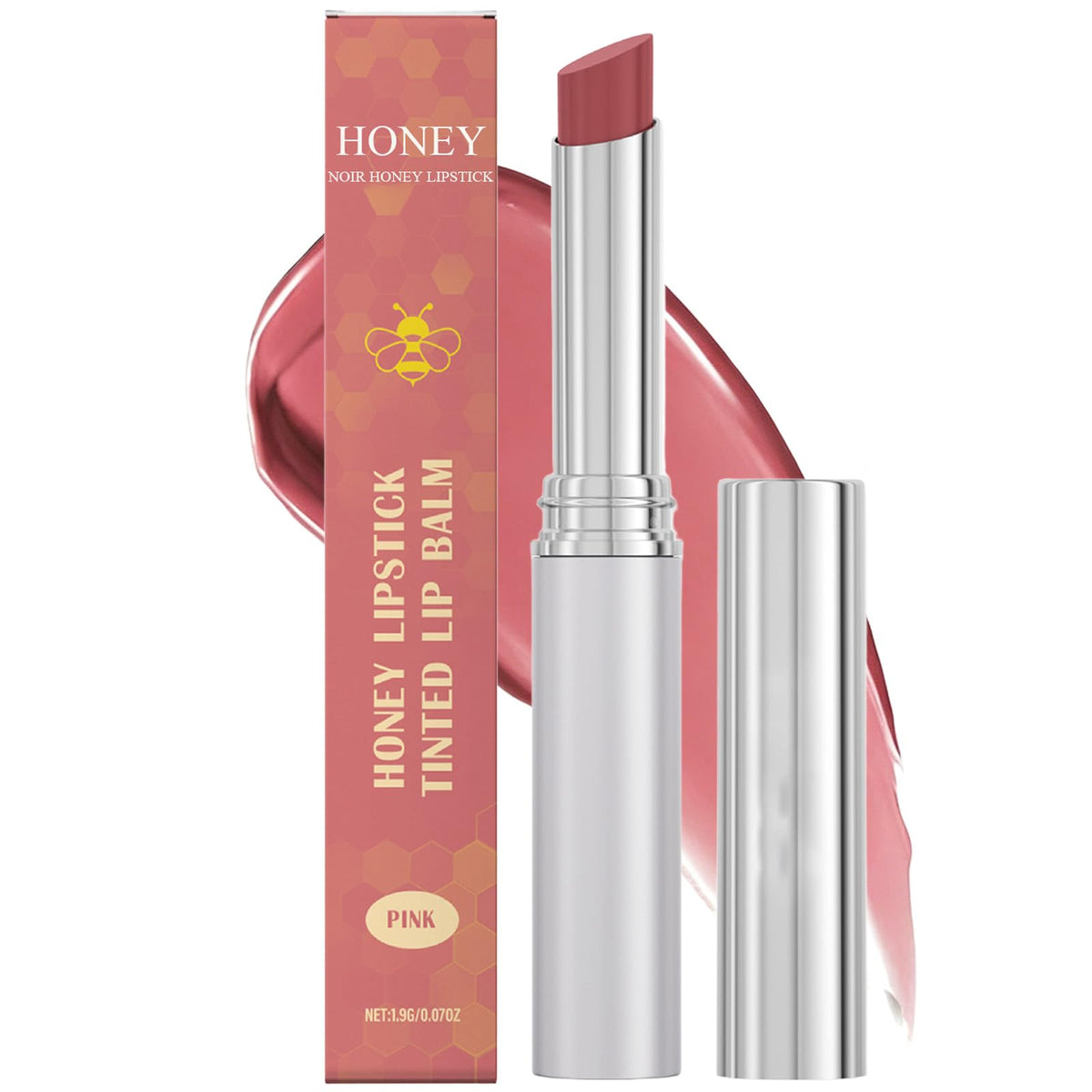 honey noir honey lipstick front packaging showing tube and shade benefits