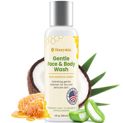 Honeyskin front bottle showing clean packaging and gentle formula benefits
