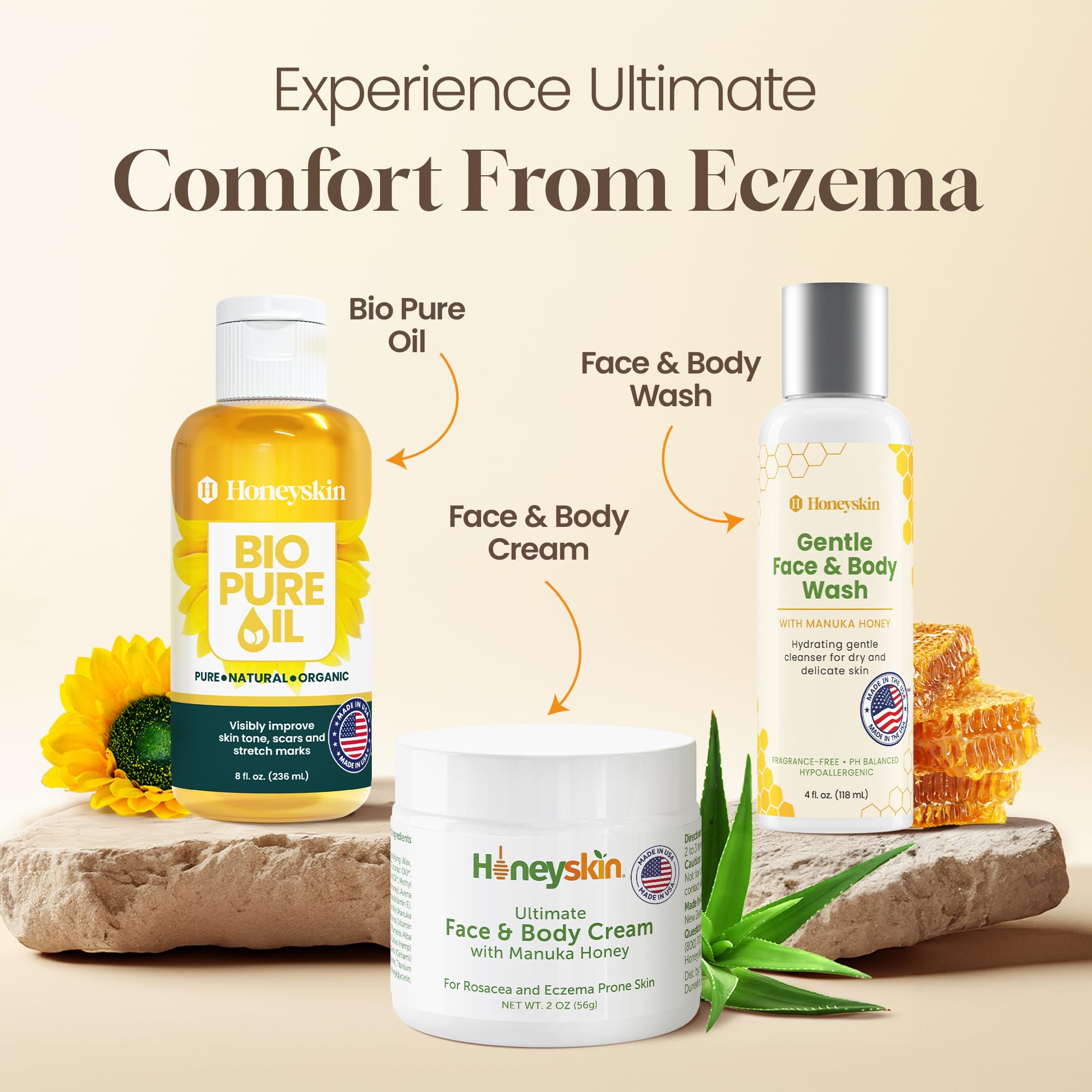 Honeyskin ingredient panel highlighting manuka honey and organic botanicals