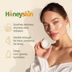 Honeyskin open jar with product on fingertip demonstrating easy application