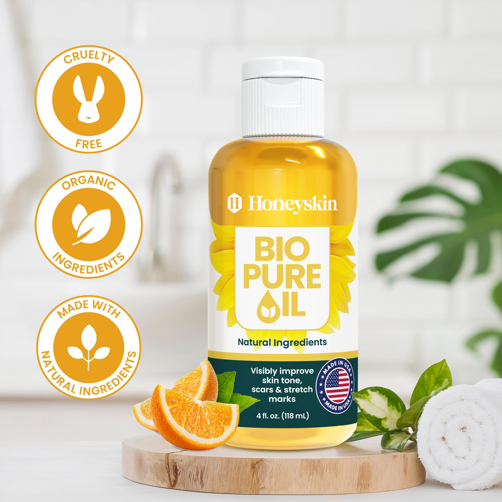 Honeyskin next to a ruler showing 4oz scale and travel convenience
