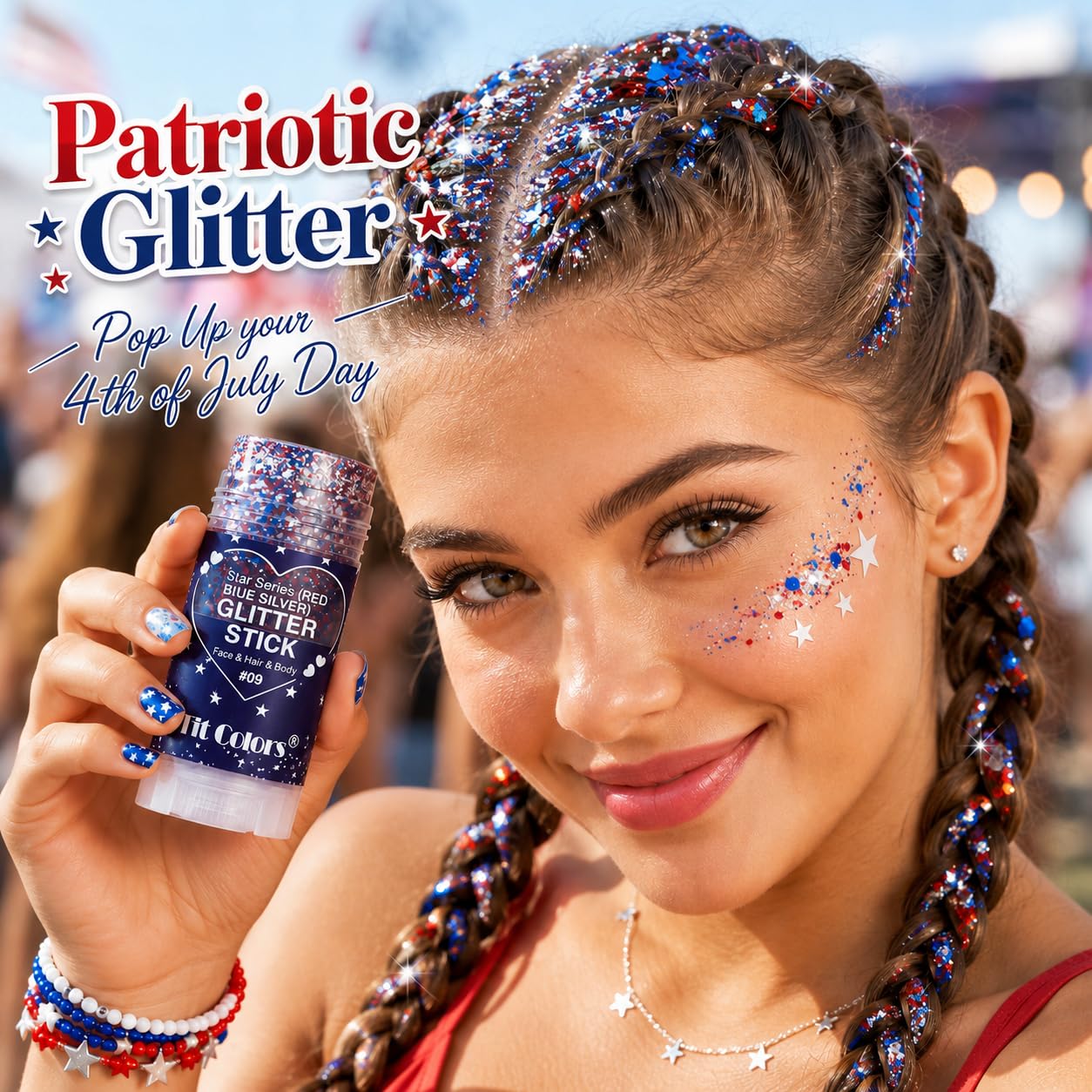 HONLLEY model at outdoor festival wearing patriotic glitter for eye-catching look