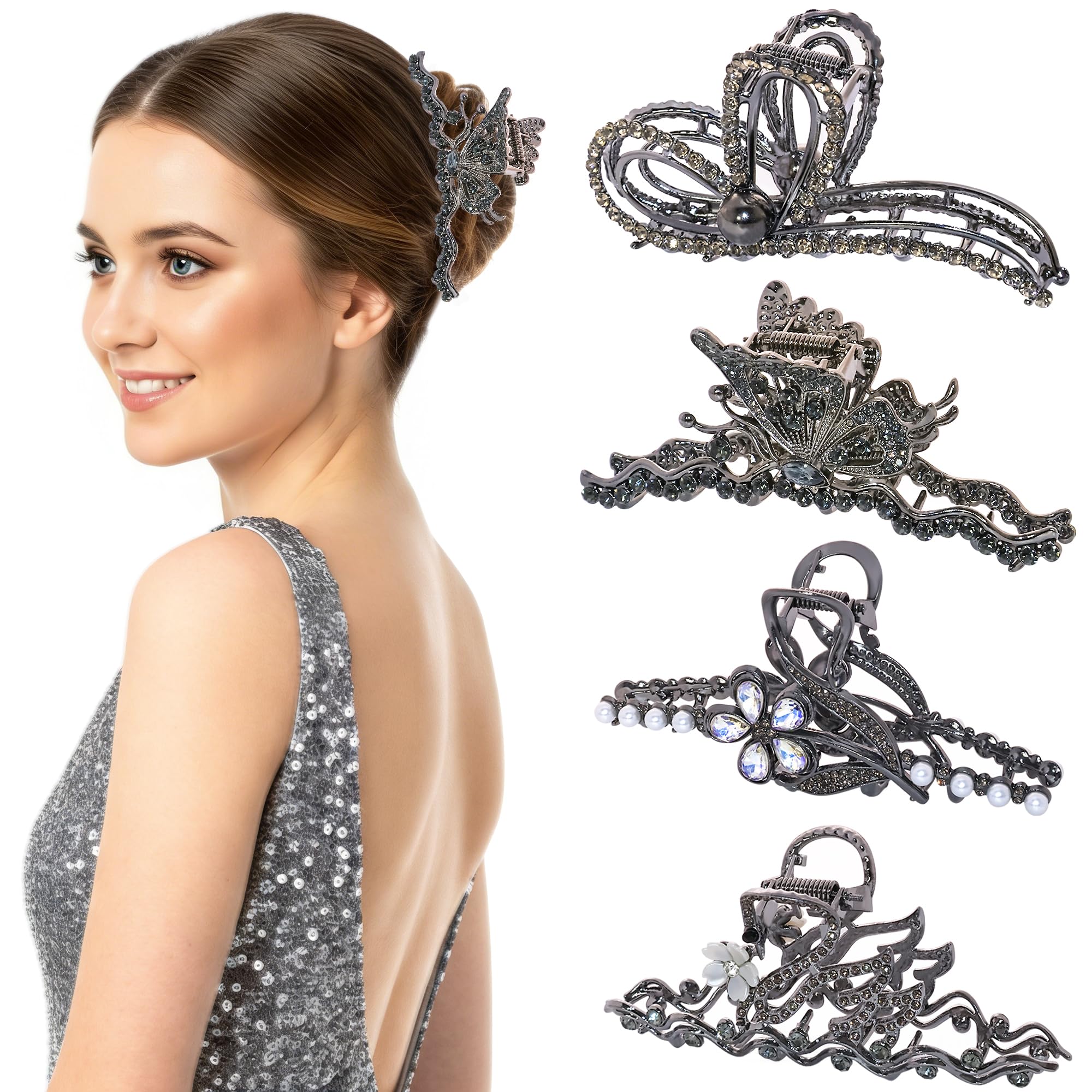 Hoojoot front view of four black metal clips showing shapes and finish, stylish gift