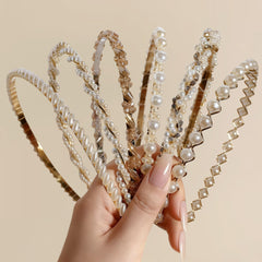 Hoojoot front packaging set showing six gold pearl headbands, perfect gifting