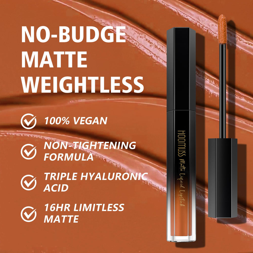 HOOMUSS model wearing M60 Caramel showing long-lasting matte finish