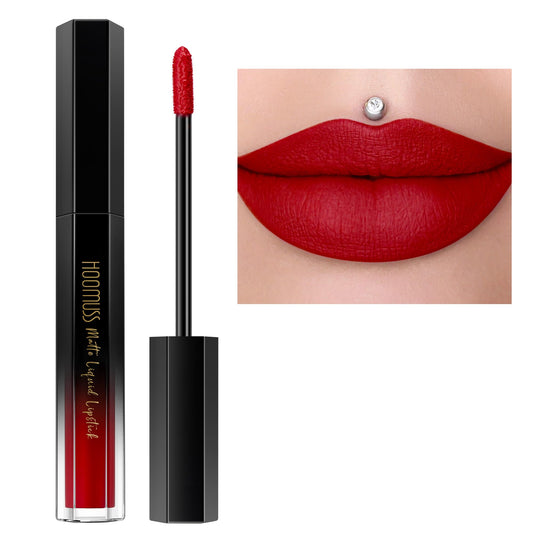 HOOMUSS front packaging showing true red shade and matte finish benefit