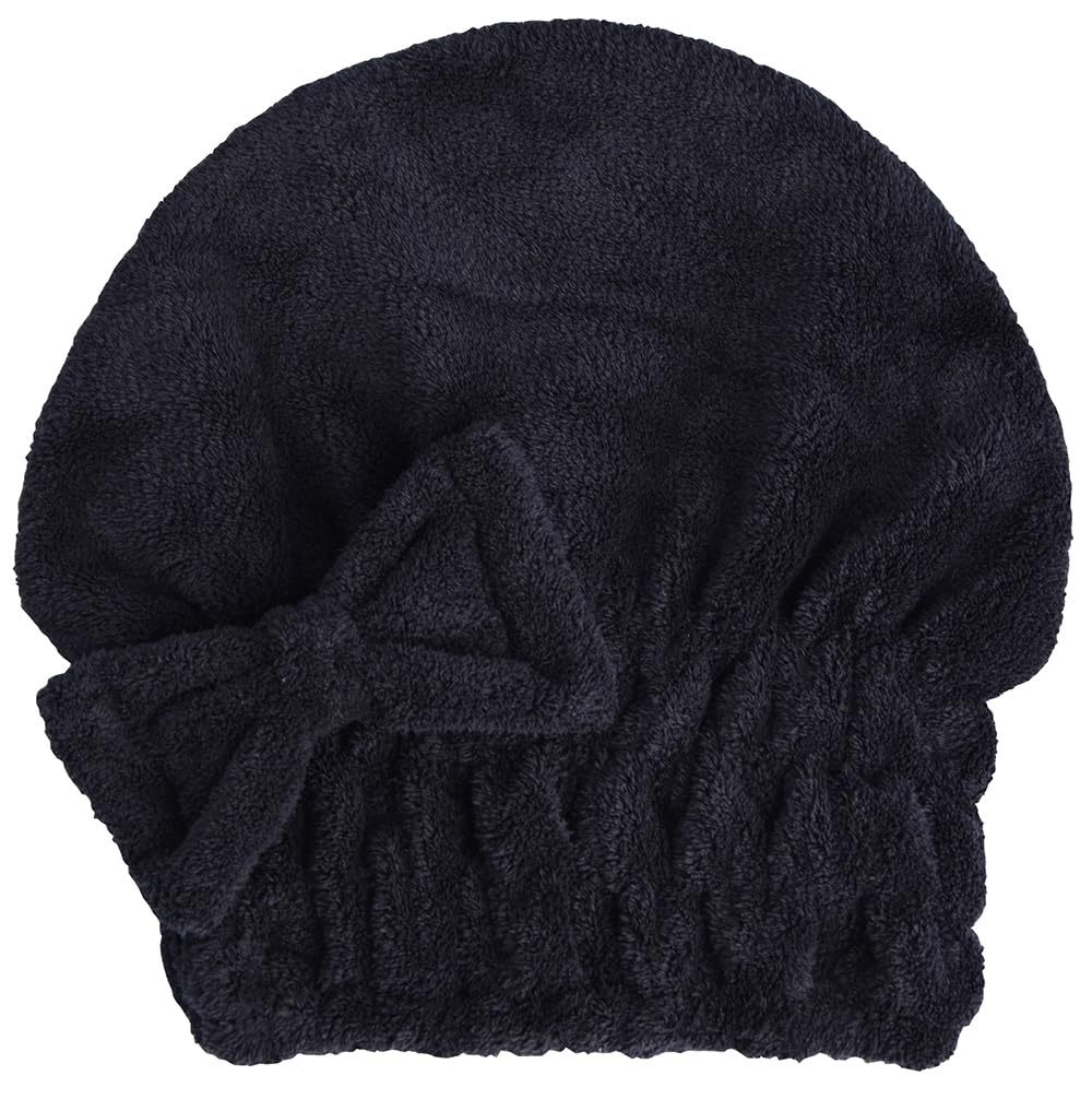 HOPESHINE front view of black microfiber hair towel cap showing fit and bow-knot benefit