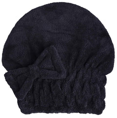 HOPESHINE front view of black microfiber hair towel cap showing fit and bow-knot benefit