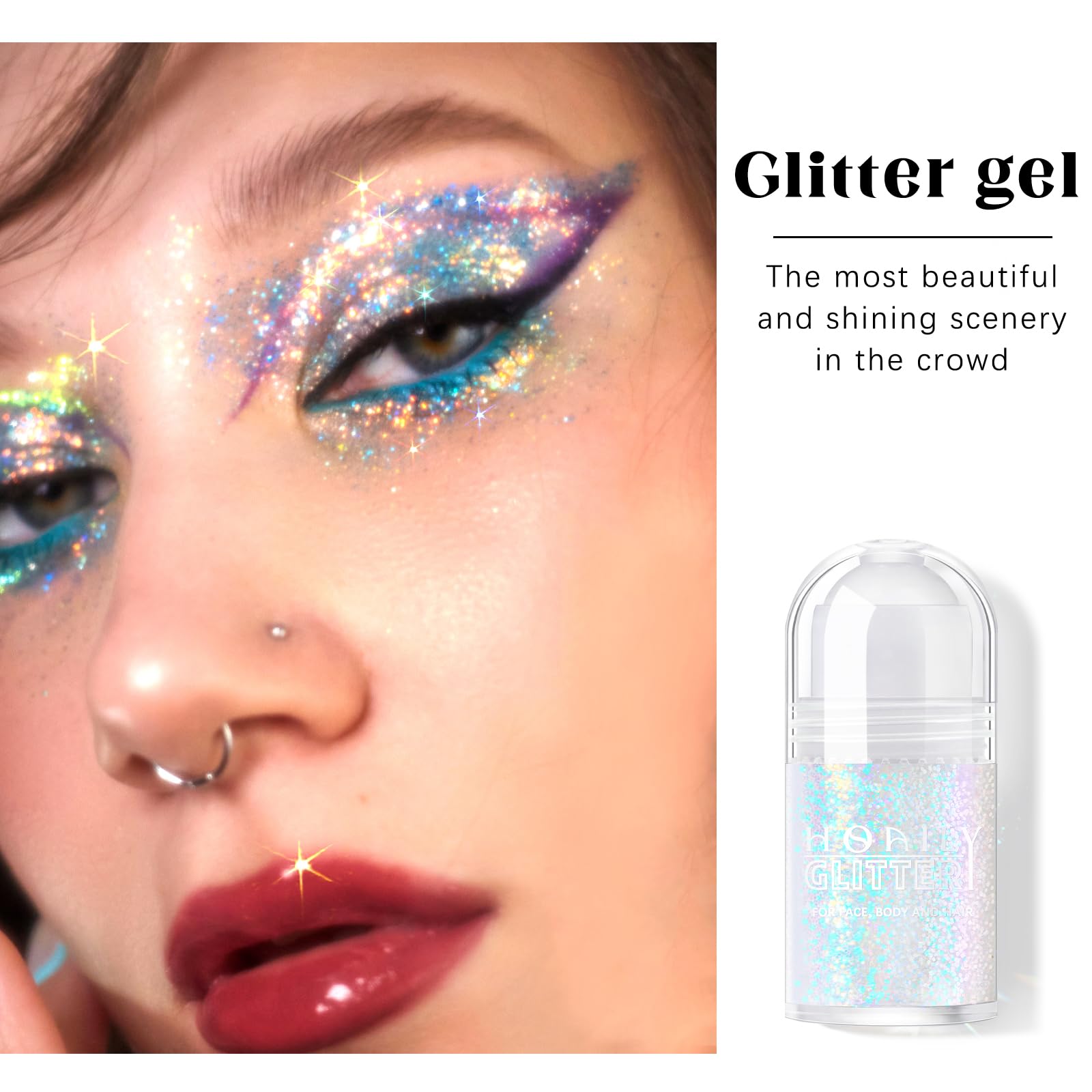 HOSAILY glitter applied to cheekbone creating glowing festival highlight