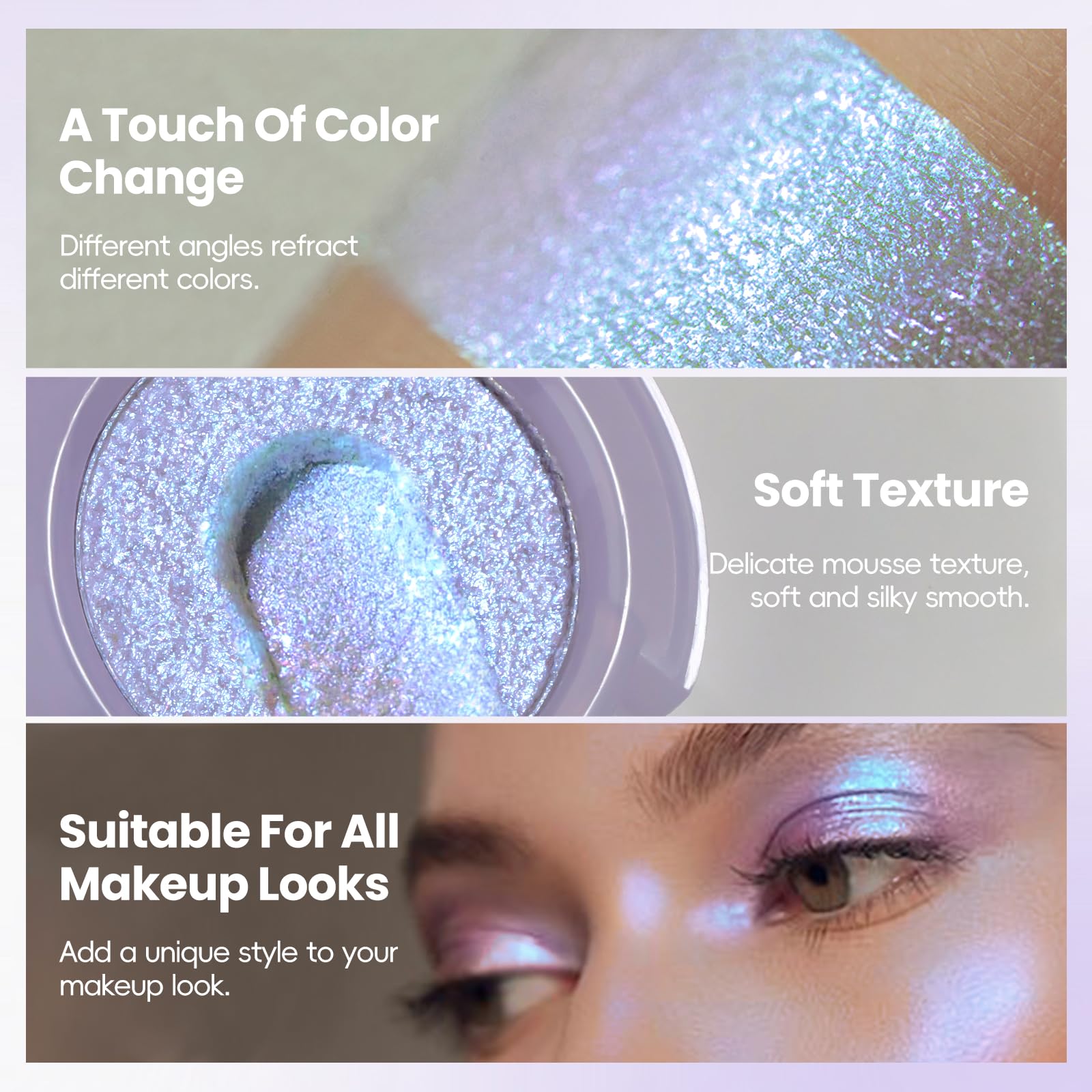 HOSAILY applied on eyelid showing color shift and intense metallic payoff for photos