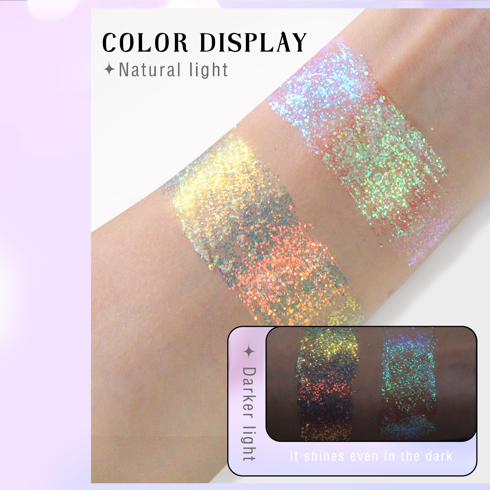 HOSAILY chunky glitter in use on face highlighting holographic shimmer and bold sparkle