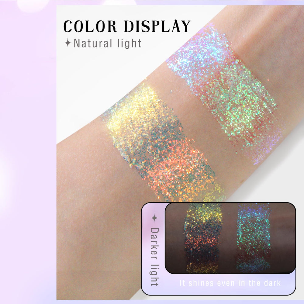 HOSAILY chunky glitter in use on face highlighting holographic shimmer and bold sparkle