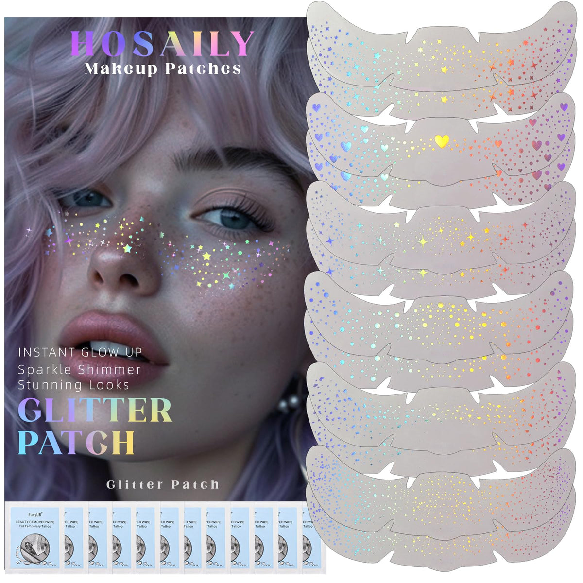 HOSAILY front sheet view showing multichrome freckle designs and stars for quick application benefit
