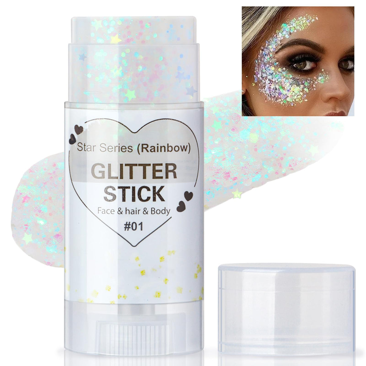 HOSAILY front packaging showing clear white glitter stick and portability benefit