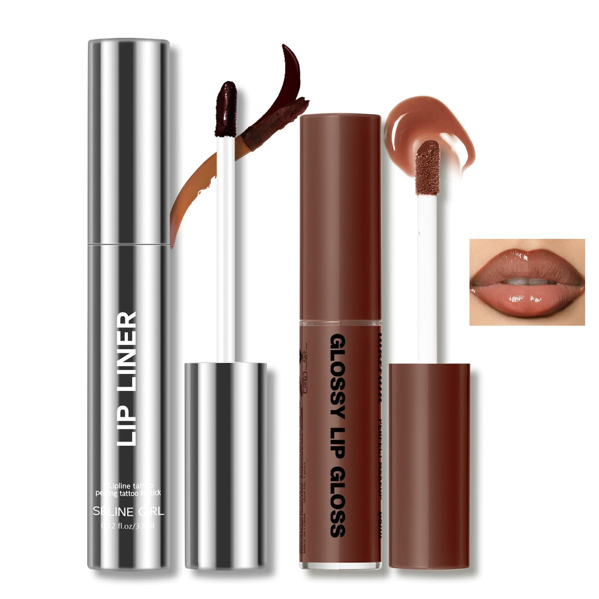 HOSAILY front packaging of the lip liner and gloss set showing compact nude duo benefits