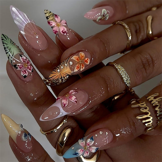 HOSAILY front packaging showing 24 glossy tropical almond press-on nails for instant style